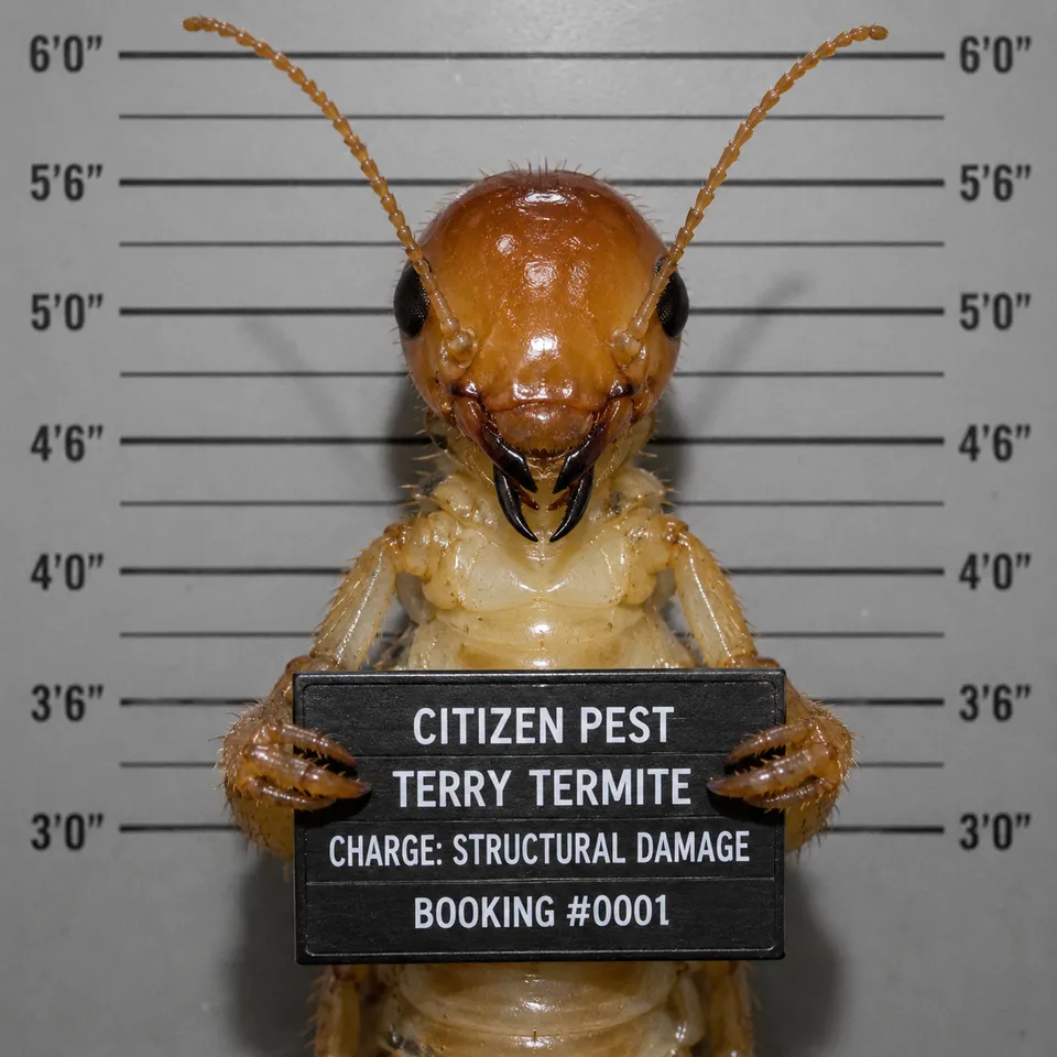 Mugshot-style portrait of "Terry Termite," Citizen Pest Control's termite mascot, holding a booking placard reading "Charge: Structural Damage."