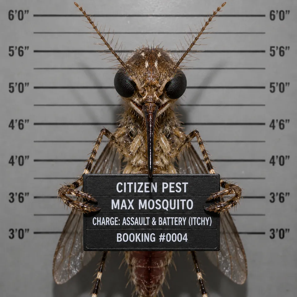 Mugshot-style portrait of "Max Mosquito," Citizen Pest Control's mosquito mascot, holding a booking placard reading "Charge: Assault & Battery (Itchy)."