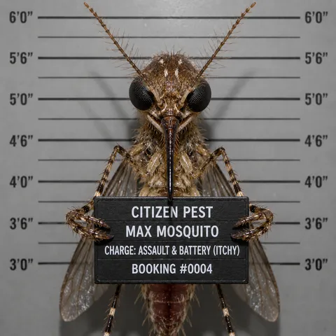 Mugshot-style portrait of "Max Mosquito," Citizen Pest Control's mosquito mascot, holding a booking placard reading "Charge: Assault & Battery (Itchy)."