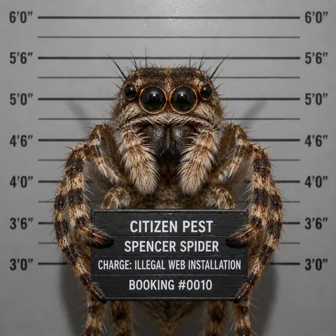 Mugshot-style portrait of "Spencer Spider," Citizen Pest Control's spider mascot, holding a booking placard reading "Charge: Illegal Web Installation."