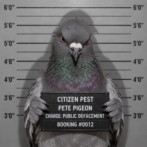 Mugshot-style portrait of "Pete Pigeon," Citizen Pest Control's bird mascot, holding a booking placard reading "Charge: Public Defacement."
