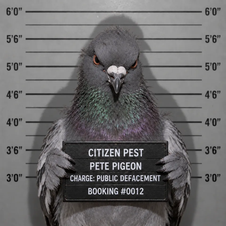 Mugshot-style portrait of "Pete Pigeon," Citizen Pest Control's bird mascot, holding a booking placard reading "Charge: Public Defacement."