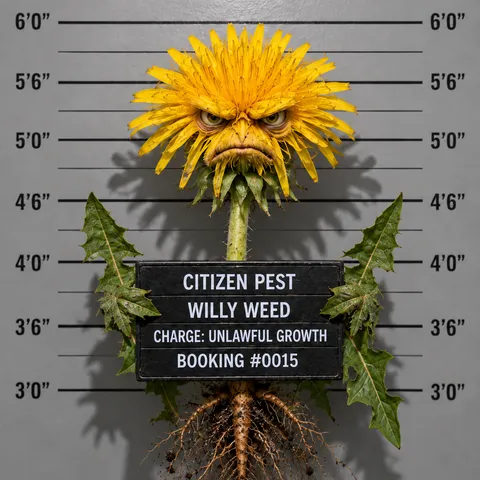 Mugshot-style portrait of "Willy Weed," Citizen Pest Control's weed mascot, holding a booking placard reading "Charge: Unlawful Growth."