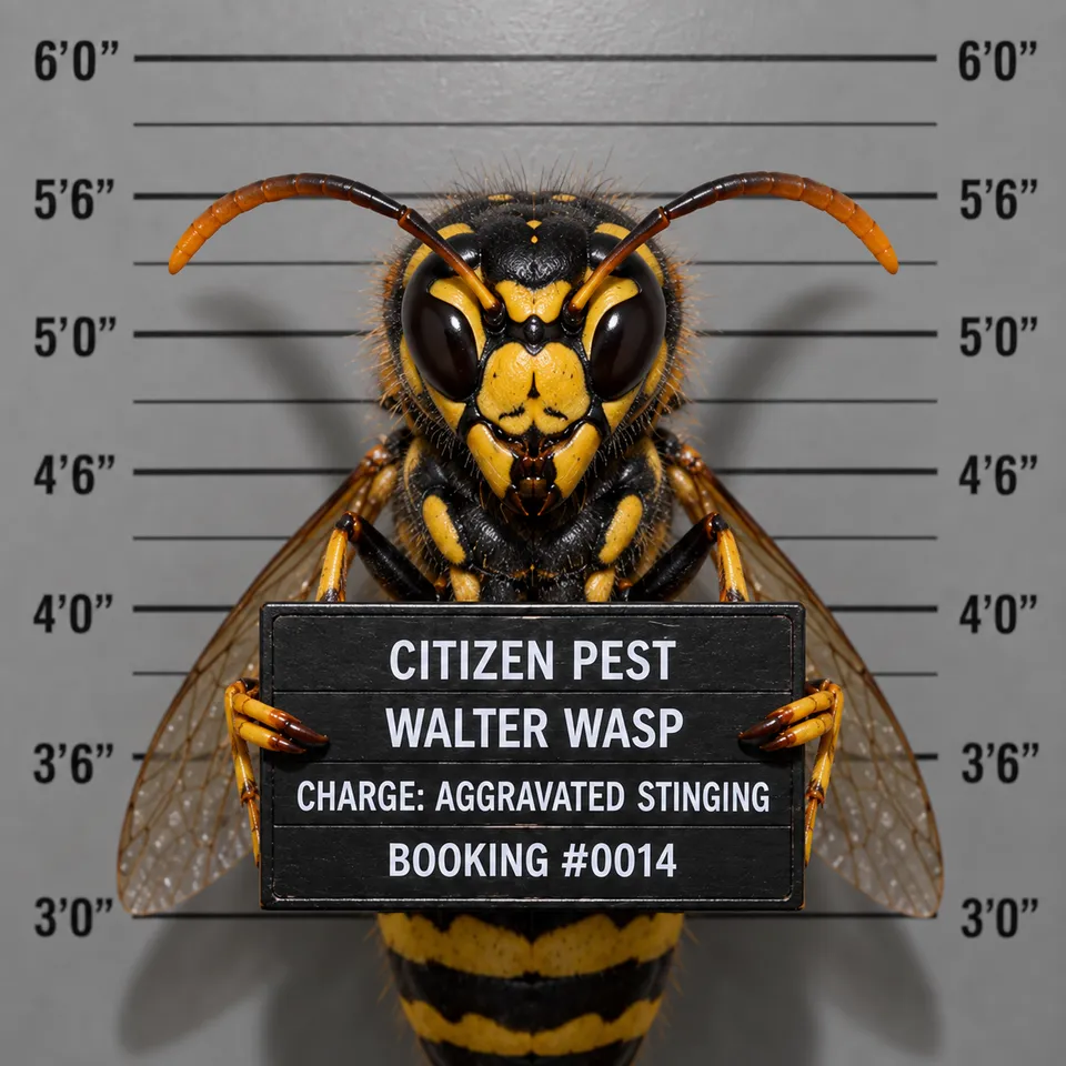 Mugshot-style portrait of "Walter Wasp," Citizen Pest Control's wasp mascot, holding a booking placard reading "Charge: Aggravated Stinging."