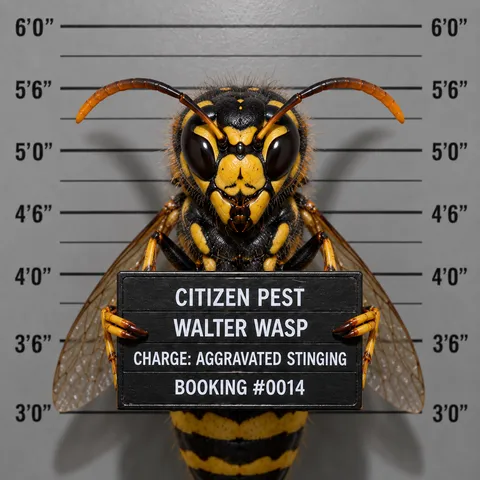 Mugshot-style portrait of "Walter Wasp," Citizen Pest Control's wasp mascot, holding a booking placard reading "Charge: Aggravated Stinging."
