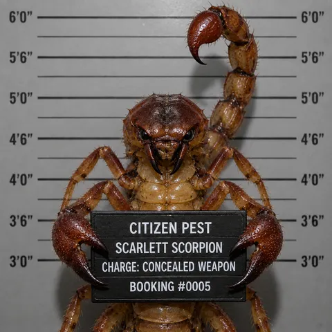 Mugshot-style portrait of "Scarlett Scorpion," Citizen Pest Control's scorpion mascot, holding a booking placard reading "Charge: Concealed Weapon."