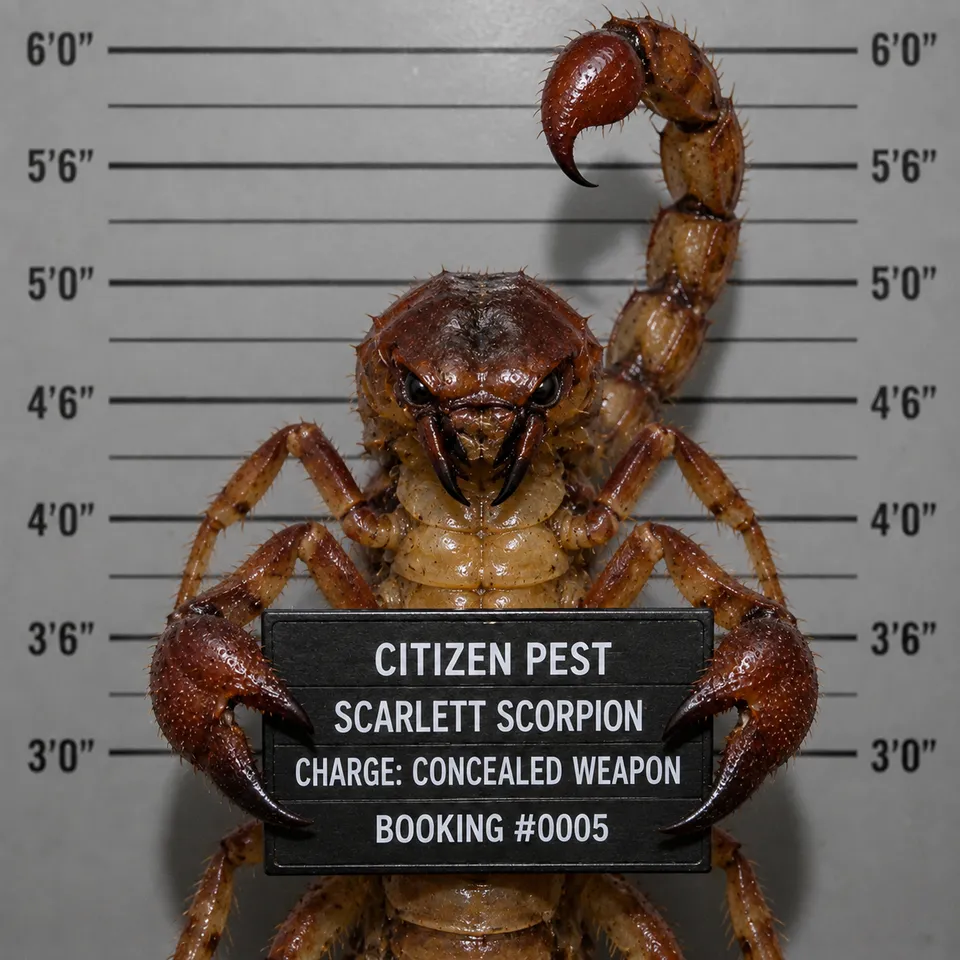 Mugshot-style portrait of "Scarlett Scorpion," Citizen Pest Control's scorpion mascot, holding a booking placard reading "Charge: Concealed Weapon."