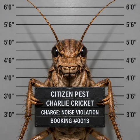 Mugshot-style portrait of "Charlie Cricket," Citizen Pest Control's cricket mascot, holding a booking placard reading "Charge: Noise Violation."