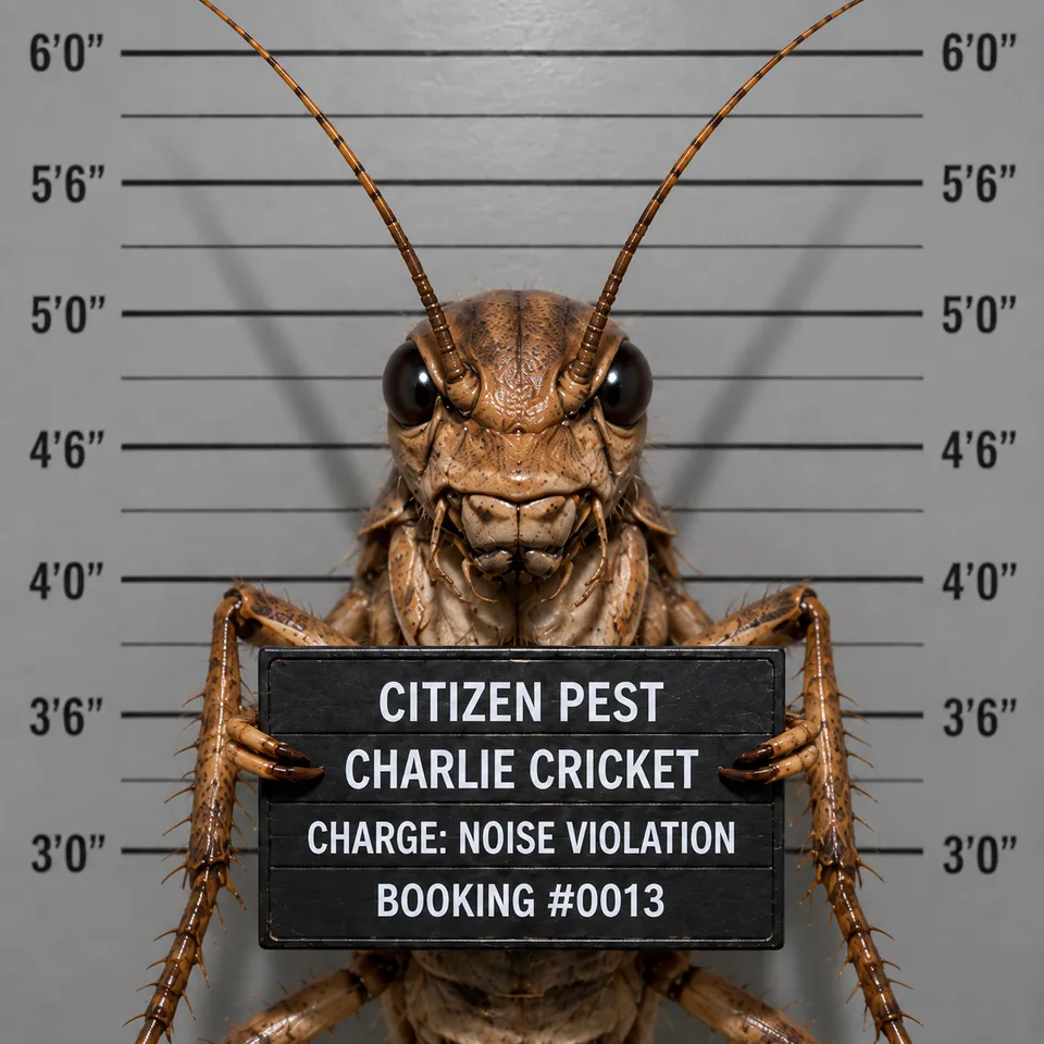Mugshot-style portrait of "Charlie Cricket," Citizen Pest Control's cricket mascot, holding a booking placard reading "Charge: Noise Violation."