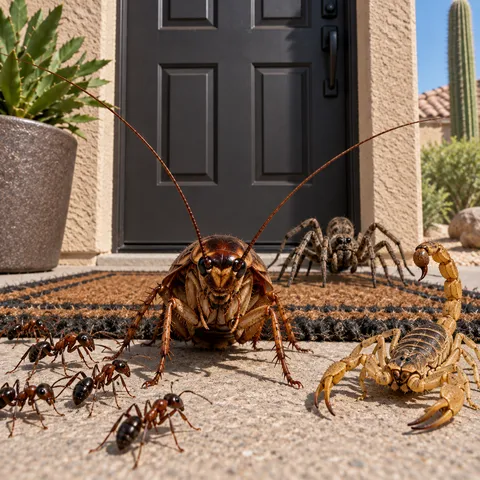 A cockroach, a cluster of ants, a spider, and a scorpion crowded on the welcome mat outside an Arizona home's front door — the everyday pests Citizen Pest Control's general pest control keeps out.