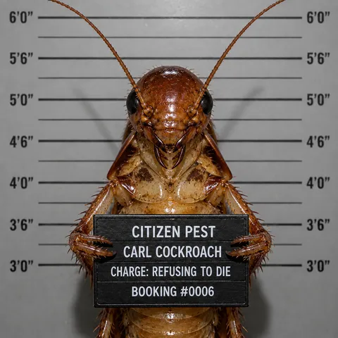 Mugshot-style portrait of "Carl Cockroach," Citizen Pest Control's cockroach mascot, holding a booking placard reading "Charge: Refusing to Die."