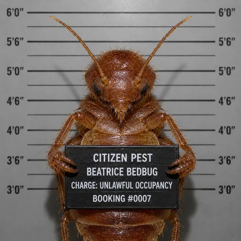 Mugshot-style portrait of "Beatrice Bedbug," Citizen Pest Control's bed bug mascot, holding a booking placard reading "Charge: Unlawful Occupancy."