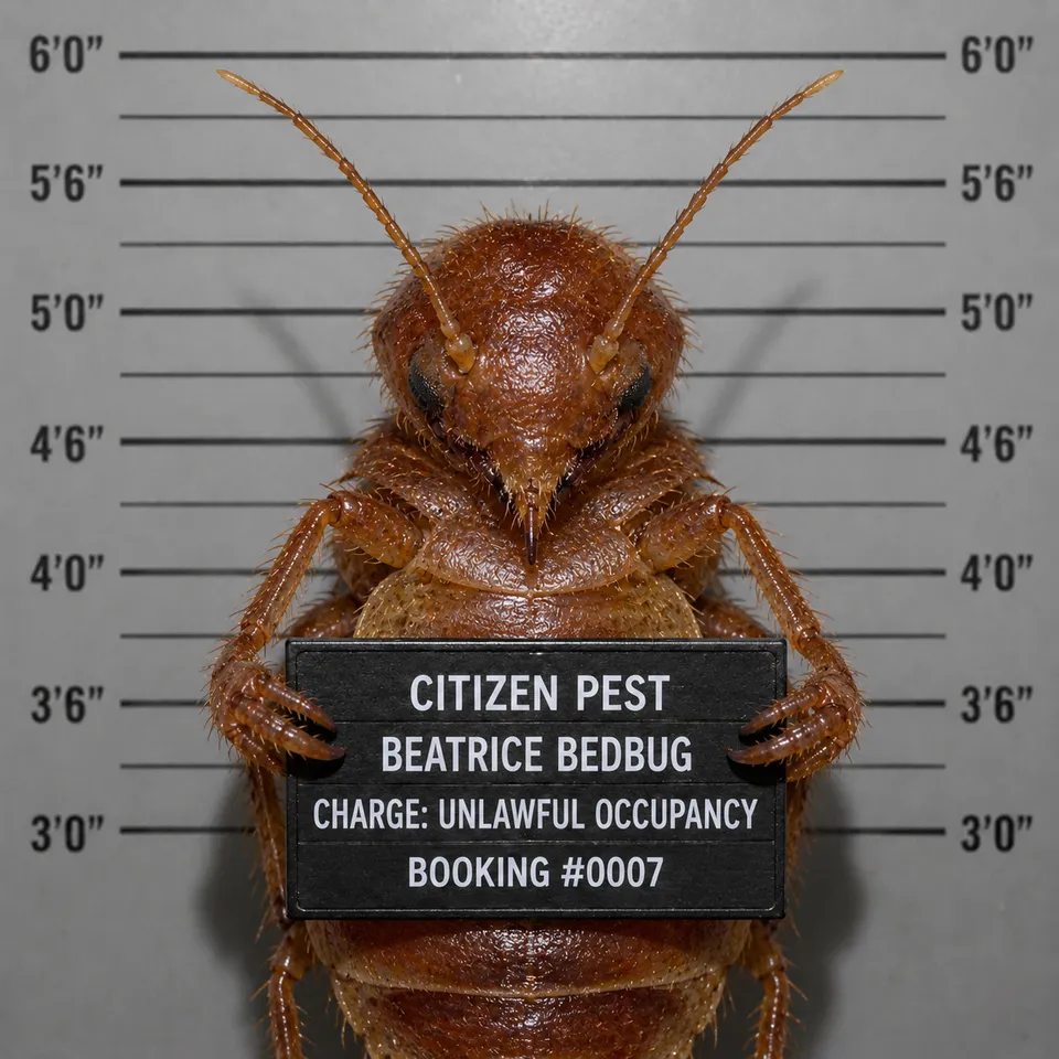Mugshot-style portrait of "Beatrice Bedbug," Citizen Pest Control's bed bug mascot, holding a booking placard reading "Charge: Unlawful Occupancy."