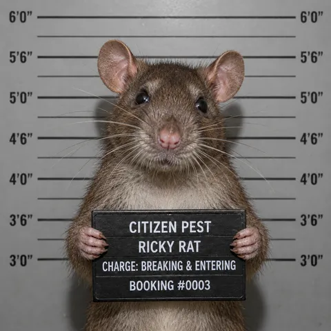Mugshot-style portrait of "Ricky Rat," Citizen Pest Control's rodent mascot, holding a booking placard reading "Charge: Breaking & Entering."