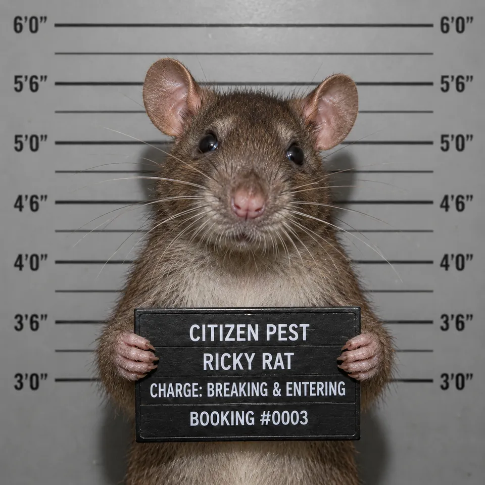 Mugshot-style portrait of "Ricky Rat," Citizen Pest Control's rodent mascot, holding a booking placard reading "Charge: Breaking & Entering."