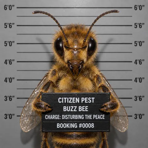 Mugshot-style portrait of "Buzz Bee," Citizen Pest Control's honey bee mascot, holding a booking placard reading "Charge: Disturbing the Peace."