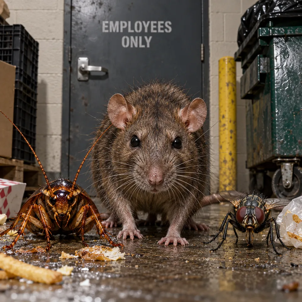 A rat, a cockroach, and a fly in a commercial kitchen back-of-house area by an "Employees Only" door — the pests Citizen Pest Control's commercial service targets in restaurants and warehouses.