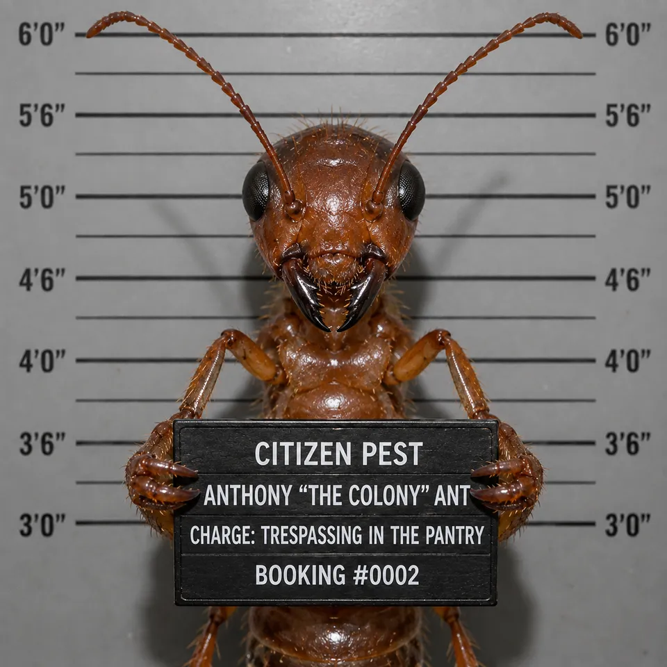 Mugshot-style portrait of "Anthony the Colony," Citizen Pest Control's ant mascot, holding a booking placard reading "Charge: Trespassing in the Pantry."
