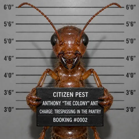 Mugshot-style portrait of "Anthony the Colony," Citizen Pest Control's ant mascot, holding a booking placard reading "Charge: Trespassing in the Pantry."
