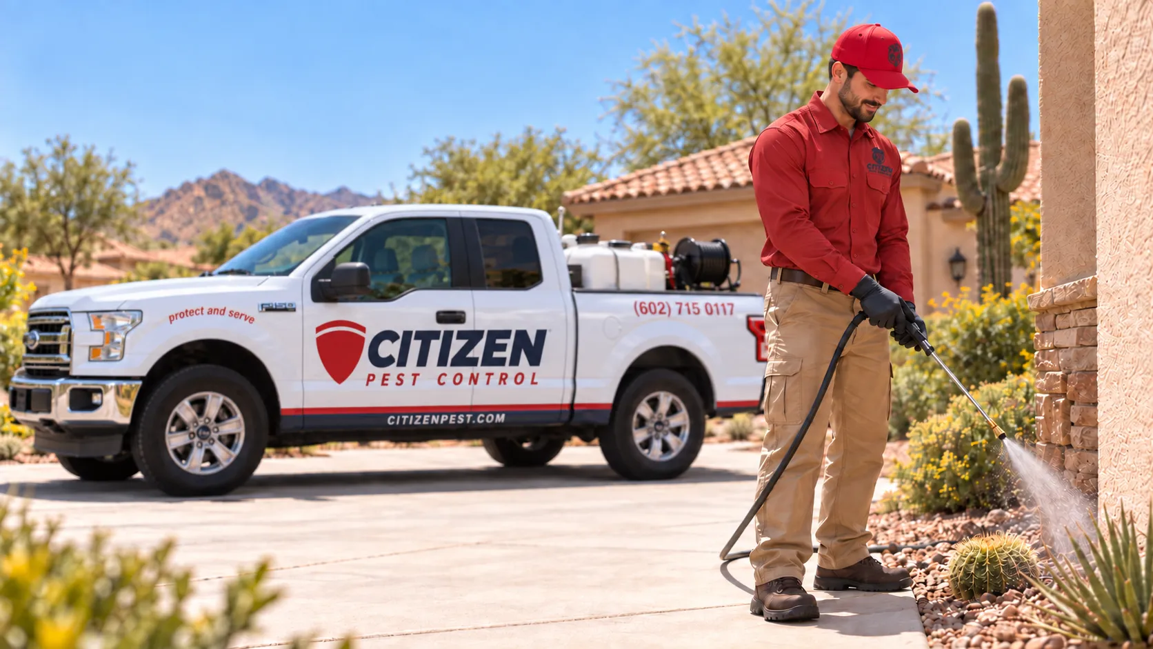 A Citizen Pest Control technician treating a home's exterior in front of the company's service truck.
