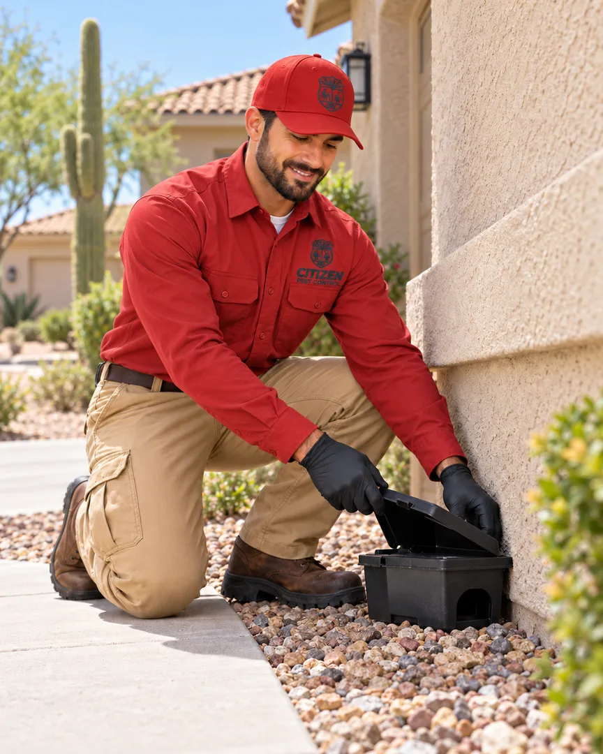 A Citizen Pest Control technician inspecting a bait box