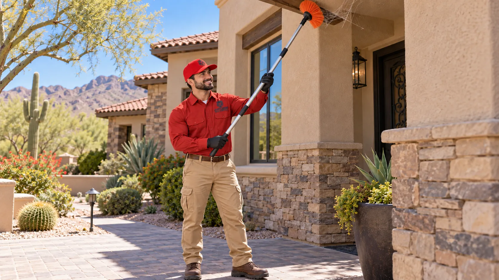 A Citizen Pest Control technician clearing a spider web from a home's eaves with an extension duster